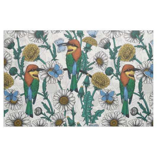 白い上に蜂の食べ物、青い蝶やデイジー ファブリック (ファットクウォーター)