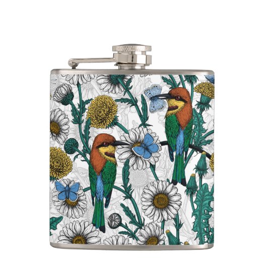 白い上に蜂の食べ物、青い蝶やデイジー フラスク (正面)