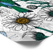 白い上に蜂の食べ物、青い蝶やデイジー ポスター (角)