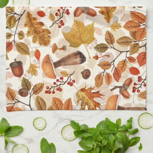 白い上の秋の森 キッチンタオル (折り畳み)