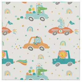 白い上の車に乗ったかわいいジャングルの動物 ファブリック