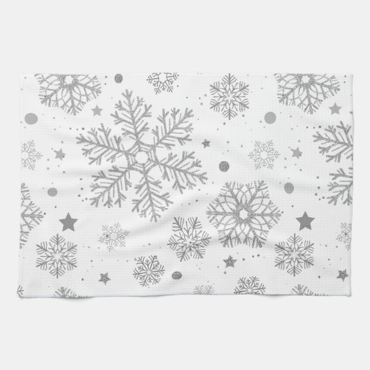 白い上の銀色の雪 キッチンタオル (横)