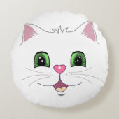 白い丸い枕に描かれたかわいい猫の顔が面白い ラウンドクッション (正面)