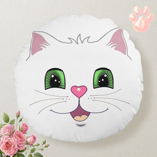 白い丸い枕に描かれたかわいい猫の顔が面白い ラウンドクッション