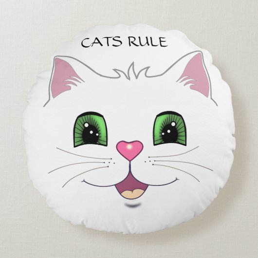 白い丸い枕に描かれたかわいい猫の顔 ラウンドクッション (正面)