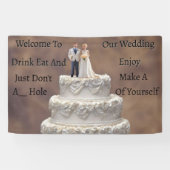 白い五層結婚のケーキとブライダルカップル 横断幕 (横)