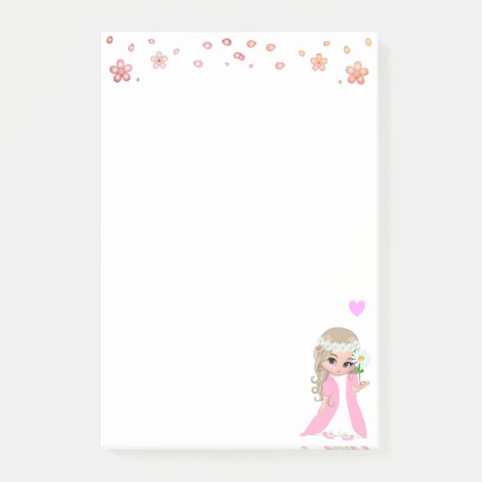 白い付箋にキュートな妖精と花 ポストイット (正面)