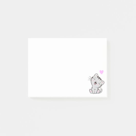 白い付箋に描かれたかわいいトラ猫とハート ポストイット (正面)