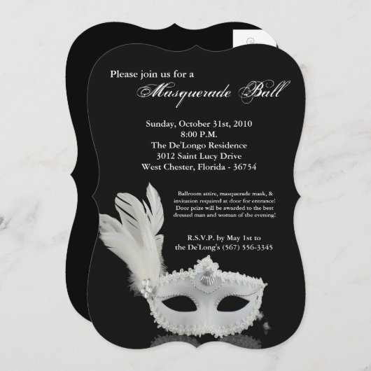 白い仮装のボールマスクの衣装ハロウィーンの部分 招待状 (正面/裏面)