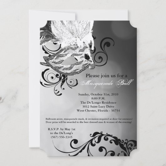 白い仮装のボールマスクの衣装ハロウィーンの部分 招待状 (正面)