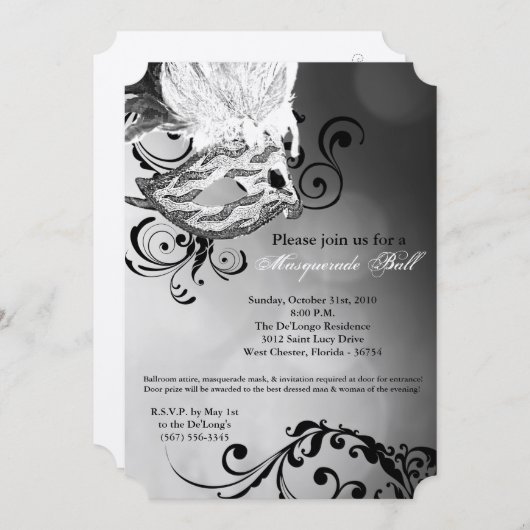 白い仮装のボールマスクの衣装ハロウィーンの部分 招待状 (正面/裏面)