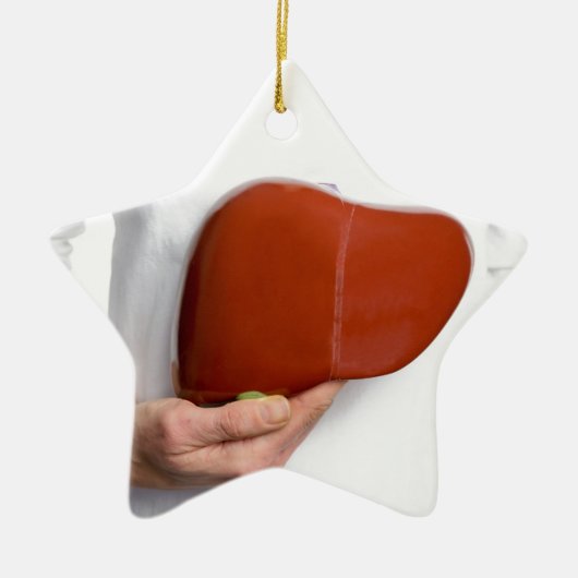 白い体で人間のレバーモデルを握っている女性 セラミックオーナメント (正面)