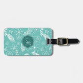 白い光のティール（緑がかった色）ボホ羽ドードル花 ラゲッジタグ (正面横)