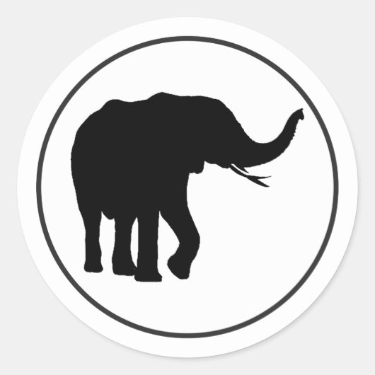 白い円の中の黒い象のイラスト ラウンドシール (正面)