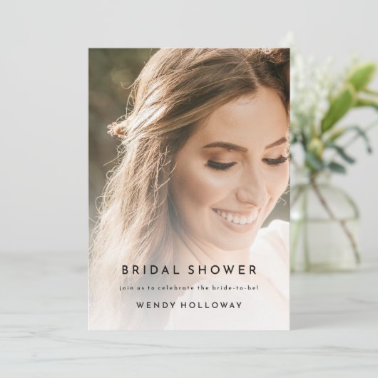 白い写真モダンのブライダルはっきりしたシャワーへの招待 招待状 (スタンド正面)