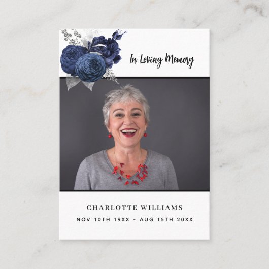 白い写真青のフローラ葬儀祈りの言葉カード 名刺 (正面)