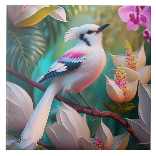 白い冠と頬の赤い幻想的な鳥 タイル (正面)