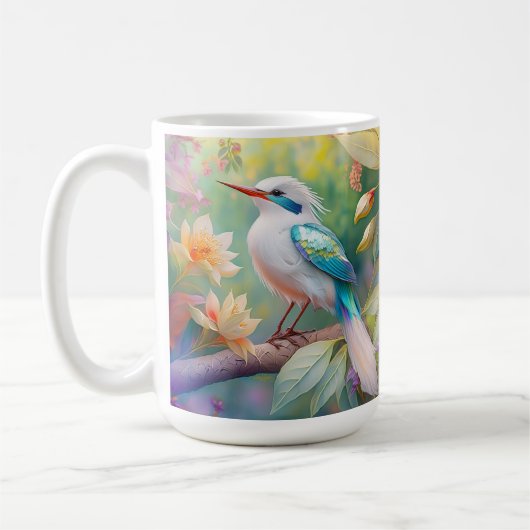 白い冠のある虹色のティール翼の幻想的な鳥 コーヒーマグカップ (左)