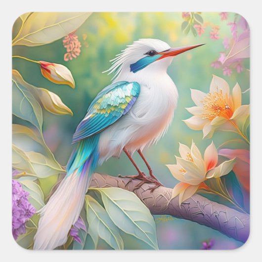 白い冠のある虹色のティール翼の幻想的な鳥 スクエアシール (正面)