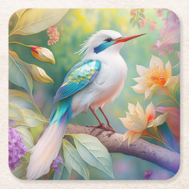白い冠のある虹色のティール翼の幻想的な鳥 スクエアペーパーコースター