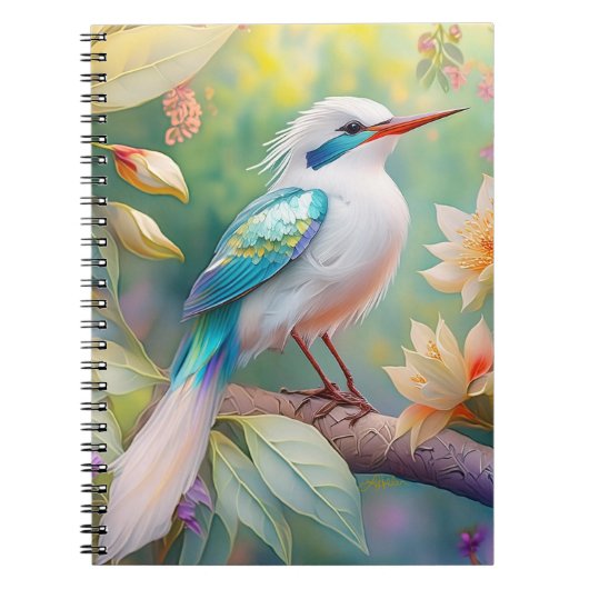 白い冠のある虹色のティール翼の幻想的な鳥 ノートブック (正面)
