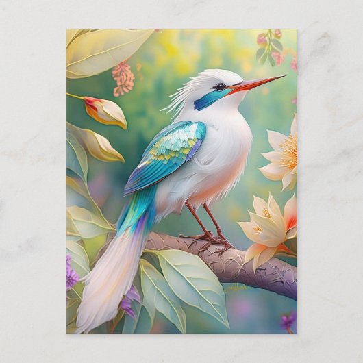 白い冠のある虹色のティール翼の幻想的な鳥 ポストカード (正面)