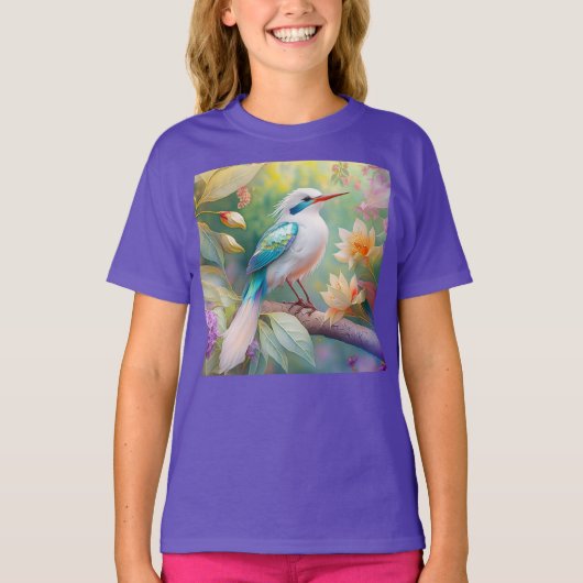 白い冠のある虹色のティール翼の幻想的な鳥 Tシャツ (正面)