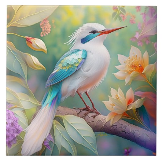 白い冠のある虹色の青緑の翼を持つ幻想的な鳥 タイル (正面)