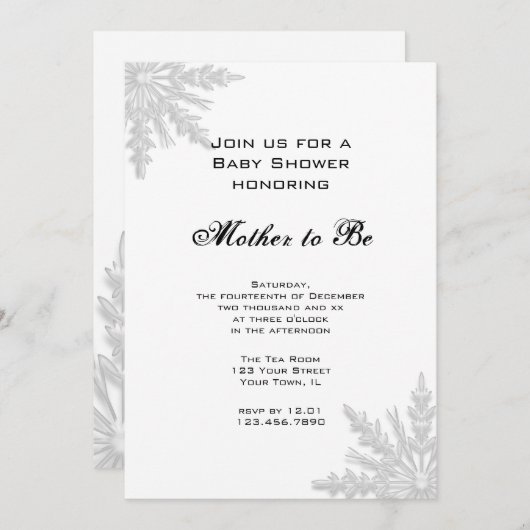 白い冬のスノーフレーク赤ちゃんシャワー 招待状 (正面/裏面)