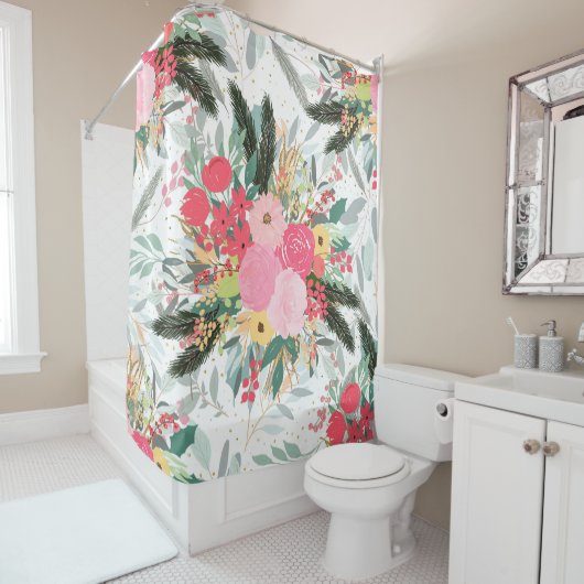 白い冬のフローラエレガントと金ゴールドのグリッター点 シャワーカーテン (インサイチュ)