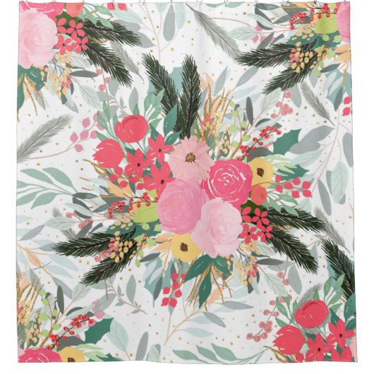 白い冬のフローラエレガントと金ゴールドのグリッター点 シャワーカーテン (正面)