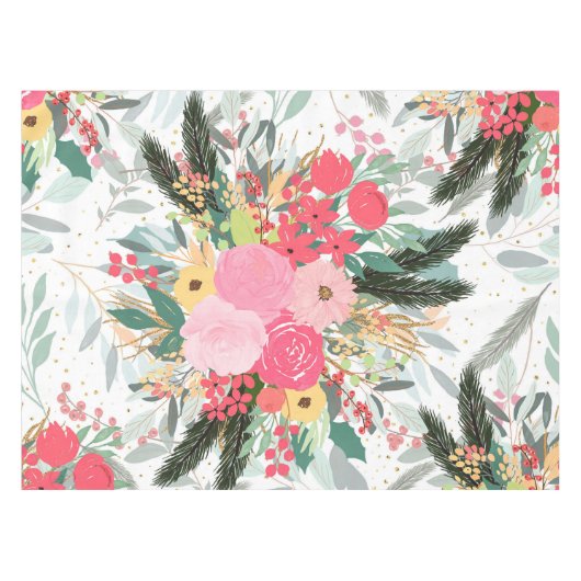 白い冬のフローラエレガントと金ゴールドのグリッター点 テーブルクロス (正面(横))