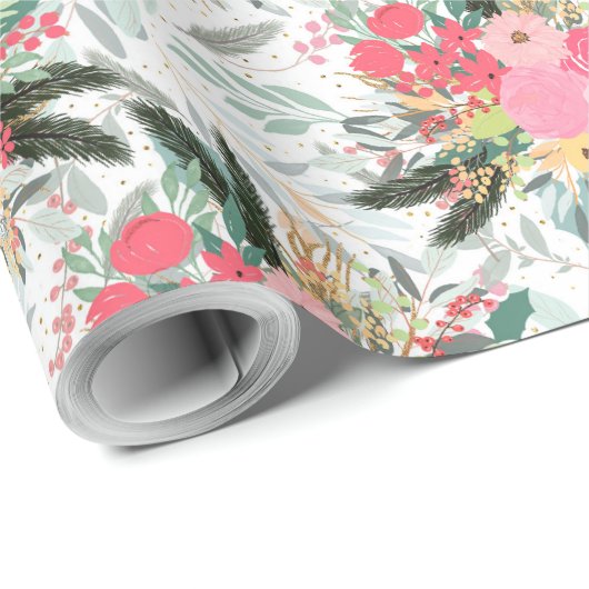 白い冬のフローラエレガントと金ゴールドのグリッター点 ラッピングペーパー (ロールコーナー)