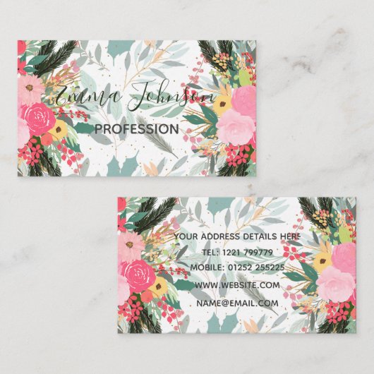 白い冬のフローラエレガントと金ゴールドのグリッター点 名刺 (正面/裏面)