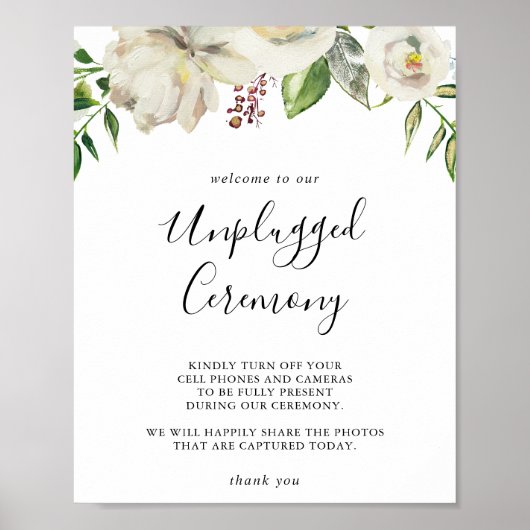 白い冬の牡丹フローラのプラグを抜いた式サイン ポスター (正面)