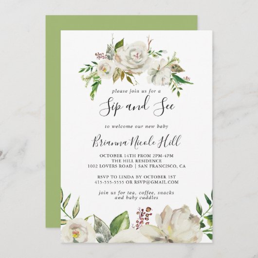 白い冬の牡丹フローラsipと参照 招待状 (正面/裏面)