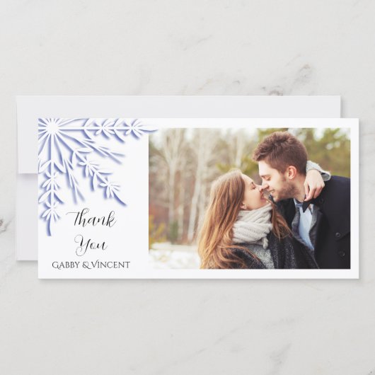 白い冬の結婚式にブルースノーフレークありがとう サンキューカード (正面)