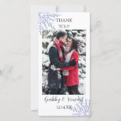 白い冬の結婚式にブルースノーフレークありがとう サンキューカード (正面)