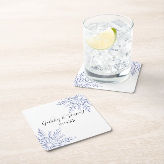 白い冬の結婚式の青い雪 スクエアペーパーコースター (インサイチュ)