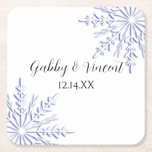 白い冬の結婚式の青い雪 スクエアペーパーコースター (正面)