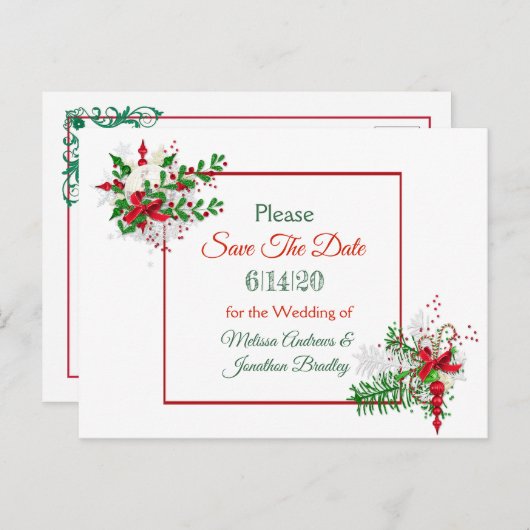 白い冬の結婚式をテーマに日付はがきを保存 案内ポストカード (正面/裏面)