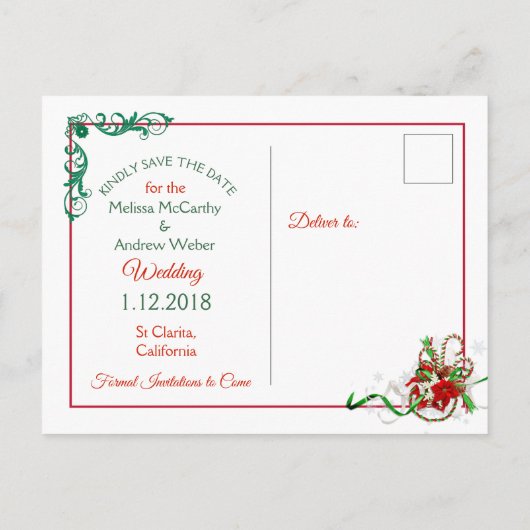 白い冬の結婚式をテーマに日付はがきを保存 案内ポストカード (裏面)