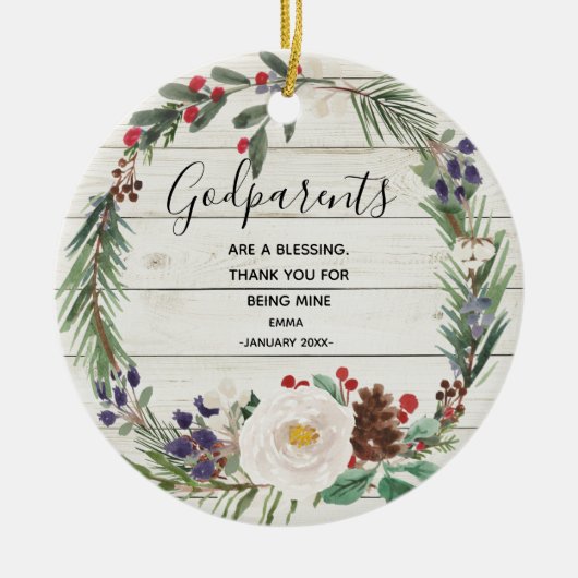 白い冬の花素朴がゴッドパレンツクリスマス セラミックオーナメント (正面)