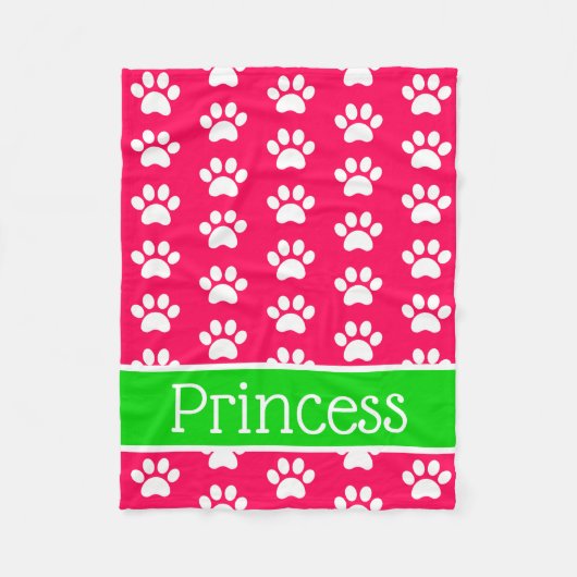 白い前足がピンクに緑のプリントパーソナライズされた フリースブランケット (正面)