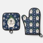 白い北極ウルフスノードロップフラワー 鍋つかみ&鍋敷きセット (正面)