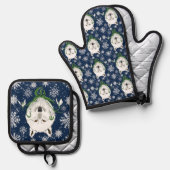 白い北極ウルフスノードロップフラワー 鍋つかみ&鍋敷きセット (正面/裏面)