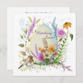 白い卵と小さな鳥とカラフルな花の花束 招待状 (正面/裏面)