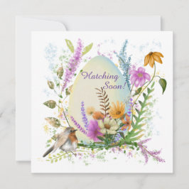 白い卵と小さな鳥とカラフルな花の花束 招待状