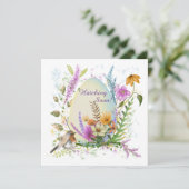 白い卵のそばに立つカラフルな花に囲まれた小さな鳥のイラスト 招待状 (スタンド正面)