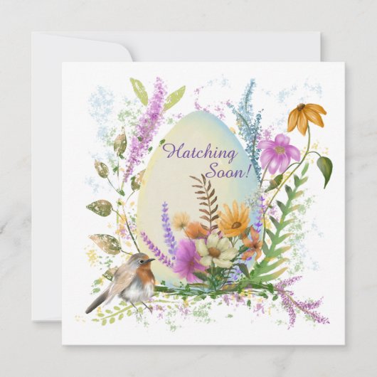 白い卵のそばに立つカラフルな花に囲まれた小さな鳥のイラスト 招待状 (正面)